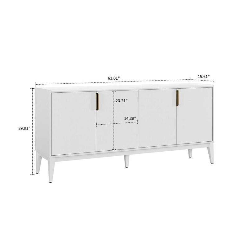Buffet de 160 cm en bois avec poignées dorées et pieds en bois d'hévéa