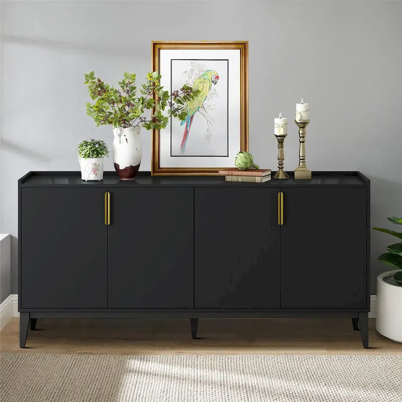 Buffet de 160 cm en bois avec poignées dorées et pieds en bois d'hévéa