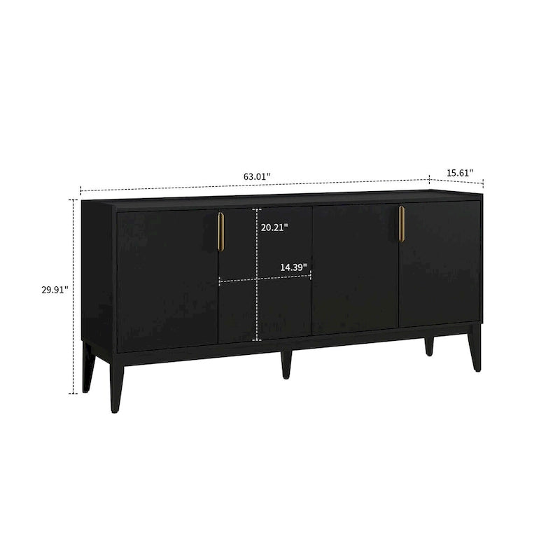 Buffet de 160 cm en bois avec poignées dorées et pieds en bois d'hévéa