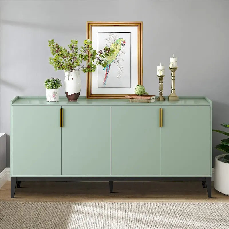 Buffet de 160 cm en bois avec poignées dorées et pieds en bois d'hévéa
