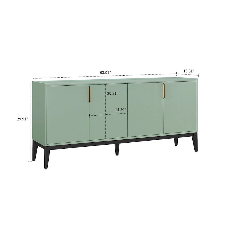 Buffet de 160 cm en bois avec poignées dorées et pieds en bois d'hévéa