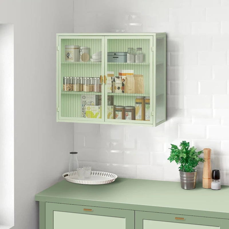 Meuble haut moderne à deux portes avec portes en verre cannelé, noir ou vert menthe, trois niveaux de rangement