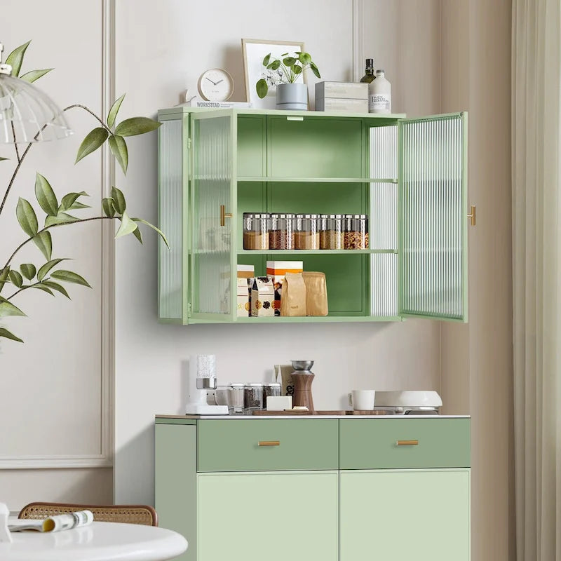 Meuble haut moderne à deux portes avec portes en verre cannelé, noir ou vert menthe, trois niveaux de rangement