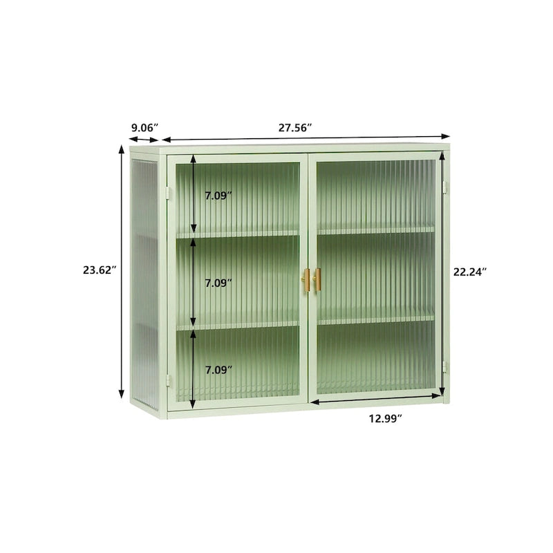 Meuble haut moderne à deux portes avec portes en verre cannelé, noir ou vert menthe, trois niveaux de rangement