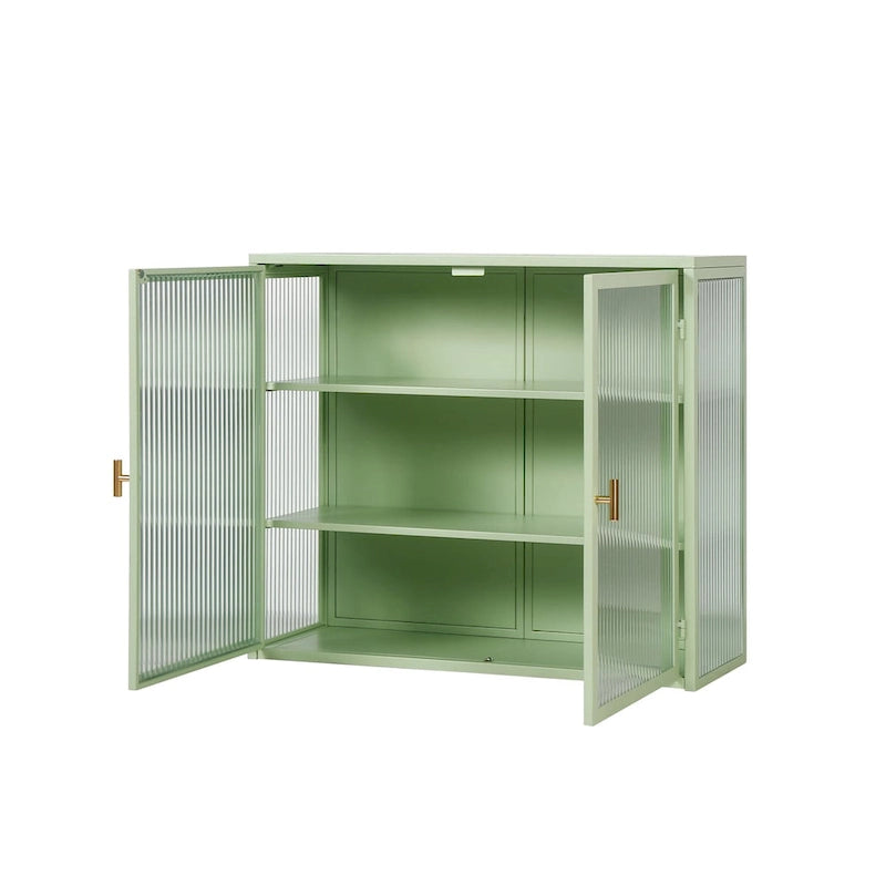 Meuble haut moderne à deux portes avec portes en verre cannelé, noir ou vert menthe, trois niveaux de rangement