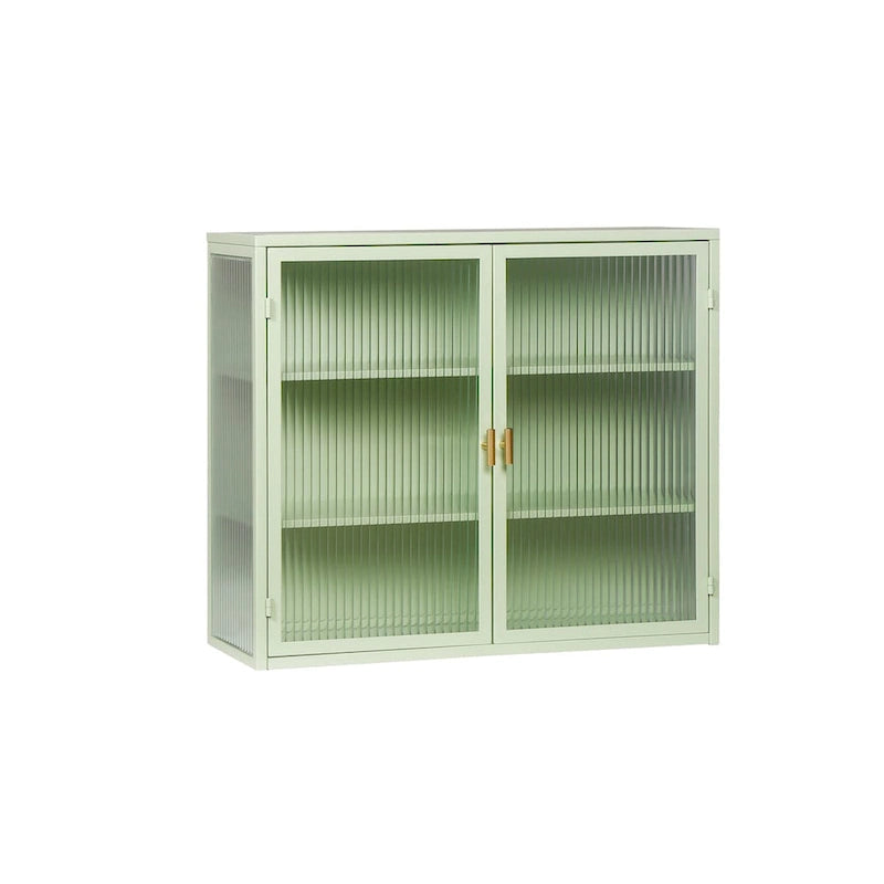 Meuble haut moderne à deux portes avec portes en verre cannelé, noir ou vert menthe, trois niveaux de rangement