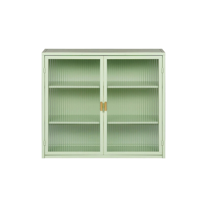 Meuble haut moderne à deux portes avec portes en verre cannelé, noir ou vert menthe, trois niveaux de rangement