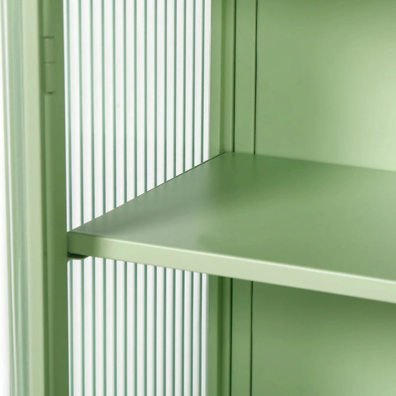 Meuble haut moderne à deux portes avec portes en verre cannelé, noir ou vert menthe, trois niveaux de rangement