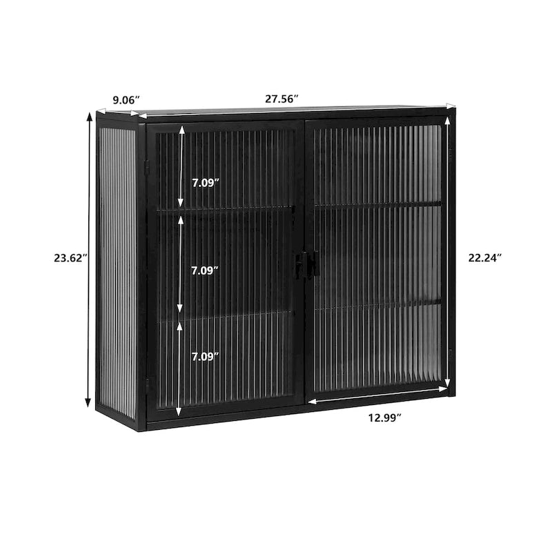 Meuble haut moderne à deux portes avec portes en verre cannelé, noir ou vert menthe, trois niveaux de rangement