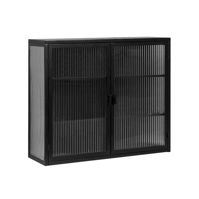 Meuble haut moderne à deux portes avec portes en verre cannelé, noir ou vert menthe, trois niveaux de rangement
