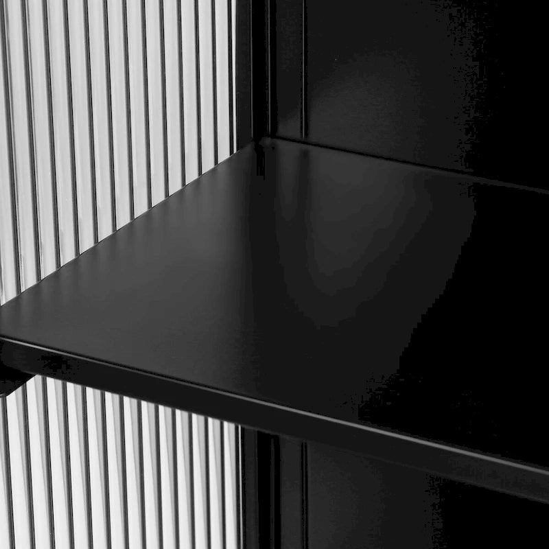 Meuble haut moderne à deux portes avec portes en verre cannelé, noir ou vert menthe, trois niveaux de rangement