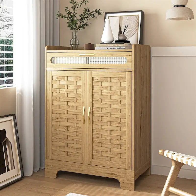 Meuble de rangement en bois avec portes tissées, tiroir et étagère réglable