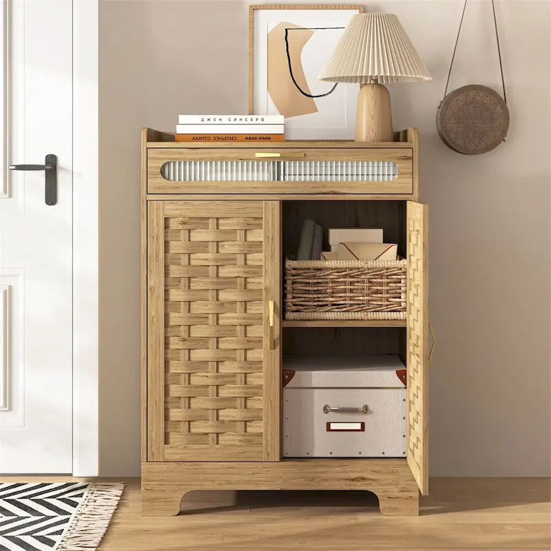 Meuble de rangement en bois avec portes tissées, tiroir et étagère réglable
