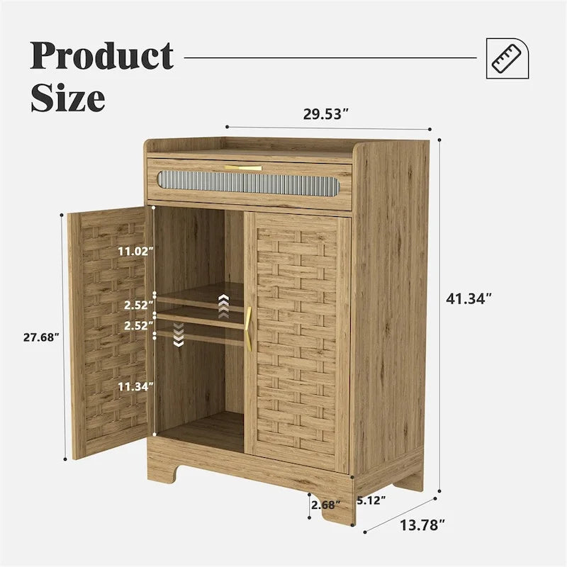 Meuble de rangement en bois avec portes tissées, tiroir et étagère réglable