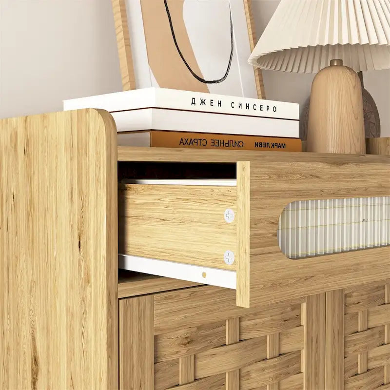 Meuble de rangement en bois avec portes tissées, tiroir et étagère réglable