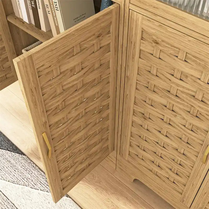 Meuble de rangement en bois avec portes tissées, tiroir et étagère réglable
