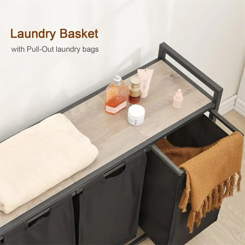 Trieur de linge à 3 sections avec étagère supérieure et sacs Oxford amovibles, cadre en acier, greige et marron rustique