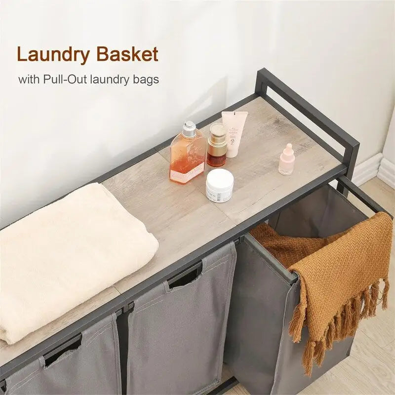 Trieur de linge à 3 sections avec étagère supérieure et sacs Oxford amovibles, cadre en acier, greige et marron rustique