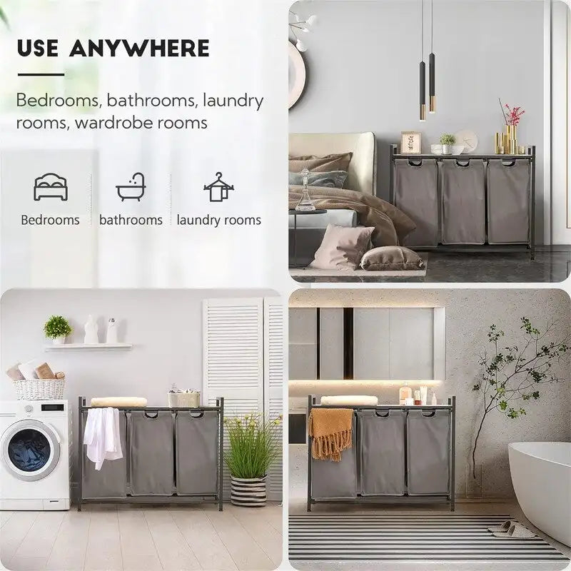 Trieur de linge à 3 sections avec étagère supérieure et sacs Oxford amovibles, cadre en acier, greige et marron rustique