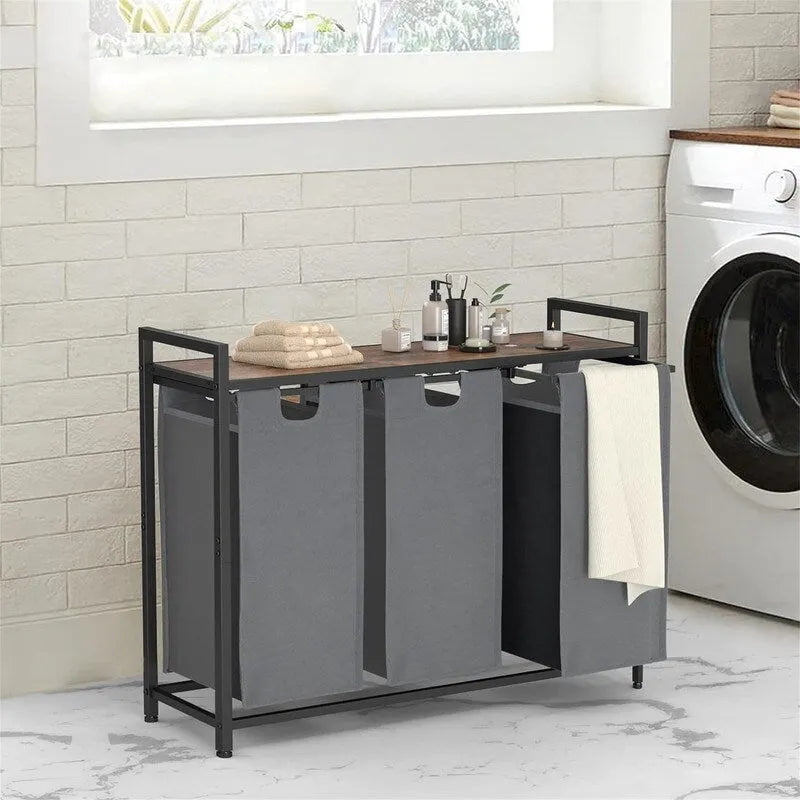 Trieur de linge à 3 sections avec étagère supérieure et sacs Oxford amovibles, cadre en acier, greige et marron rustique