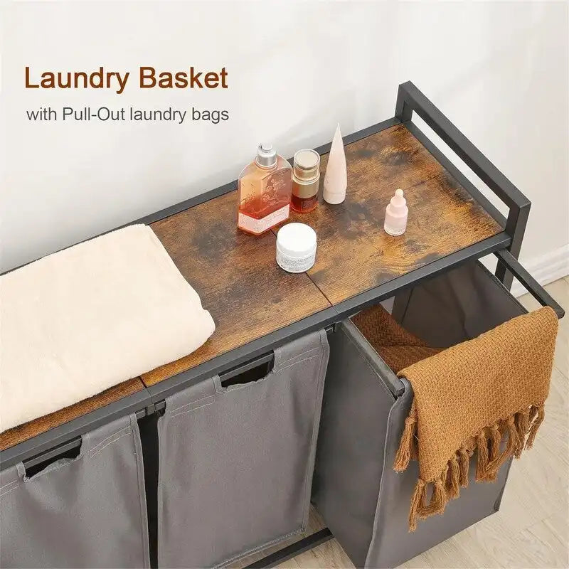 Trieur de linge à 3 sections avec étagère supérieure et sacs Oxford amovibles, cadre en acier, greige et marron rustique