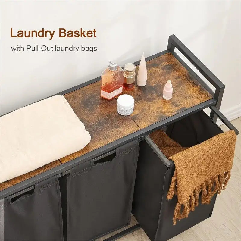 Trieur de linge à 3 sections avec étagère supérieure et sacs Oxford amovibles, cadre en acier, greige et marron rustique