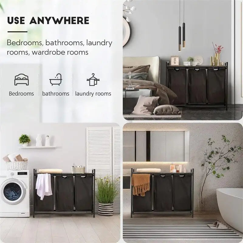 Trieur de linge à 3 sections avec étagère supérieure et sacs Oxford amovibles, cadre en acier, greige et marron rustique