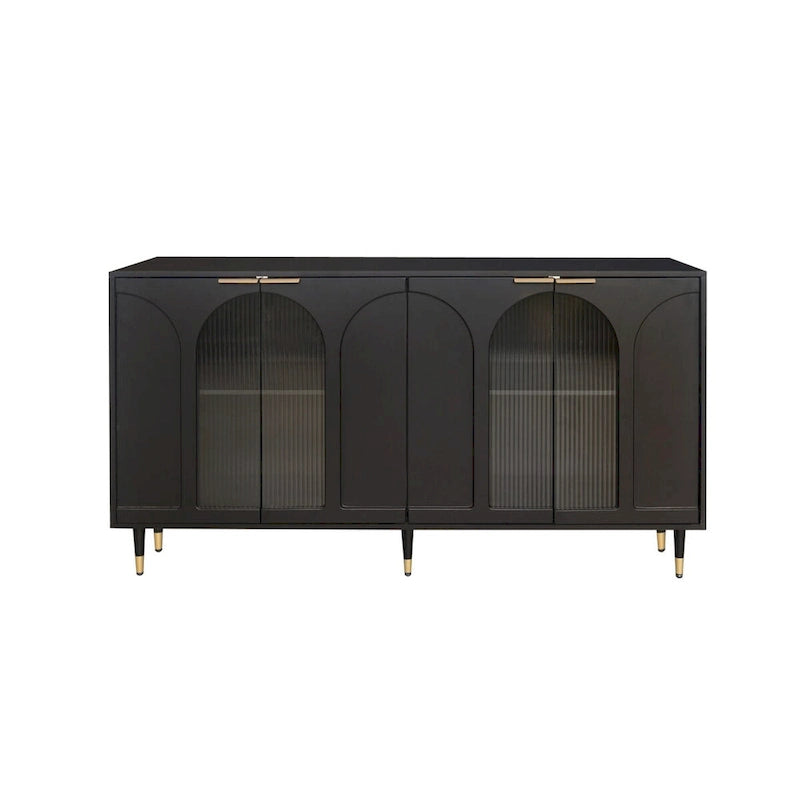 Buffet noir mat avec portes en verre cannelé et pieds en métal