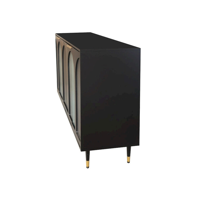 Buffet noir mat avec portes en verre cannelé et pieds en métal