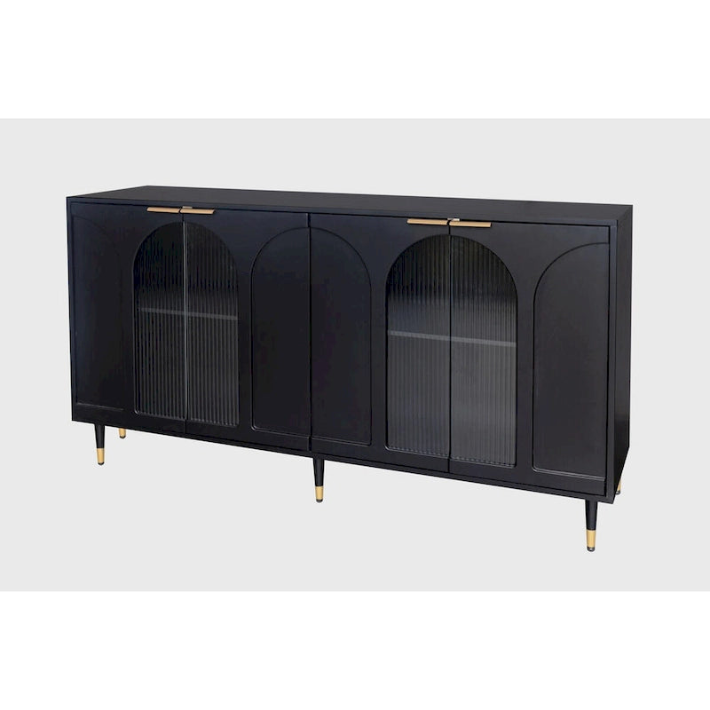 Buffet noir mat avec portes en verre cannelé et pieds en métal