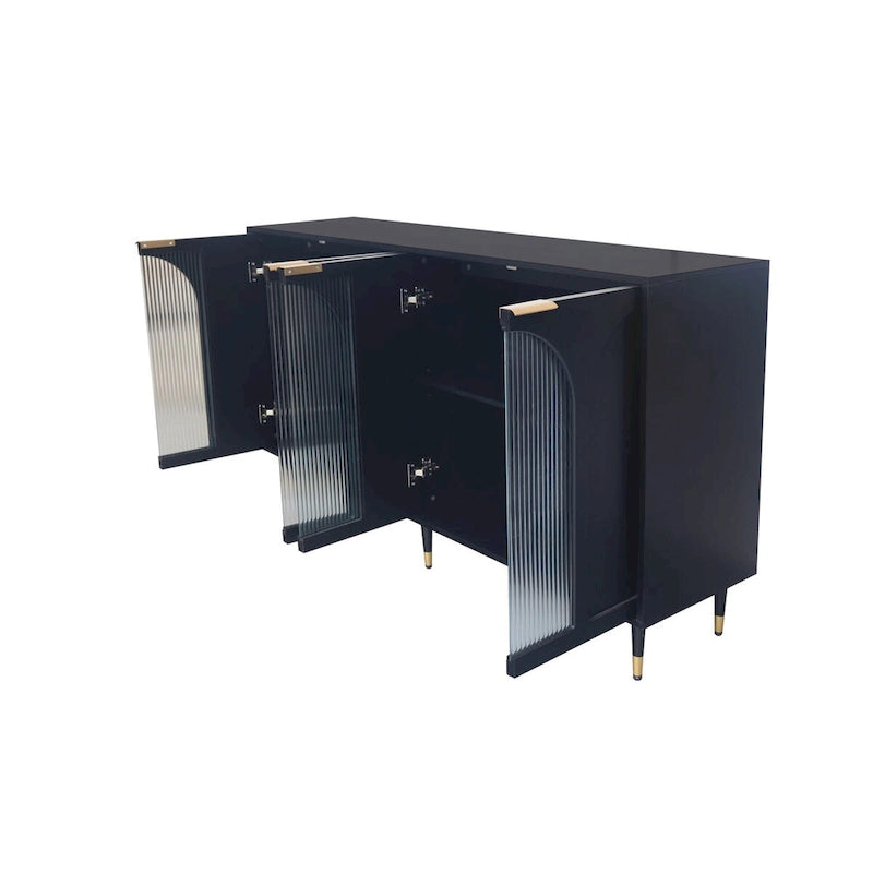 Buffet noir mat avec portes en verre cannelé et pieds en métal