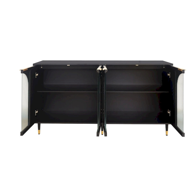 Buffet noir mat avec portes en verre cannelé et pieds en métal