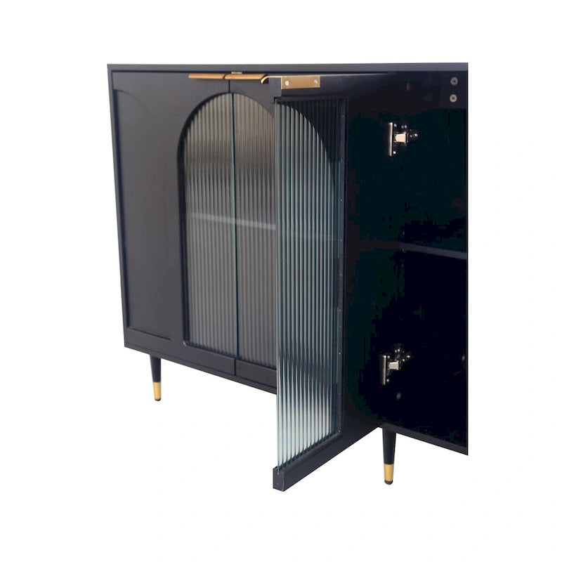 Buffet noir mat avec portes en verre cannelé et pieds en métal