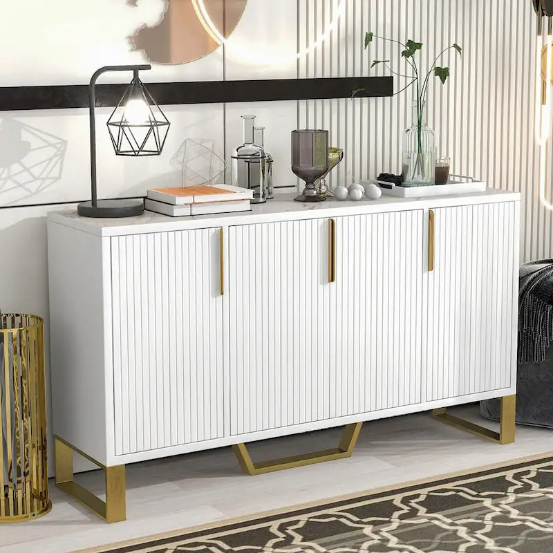 Buffet moderne 4 portes pieds dorés étagères réglables blanc noir