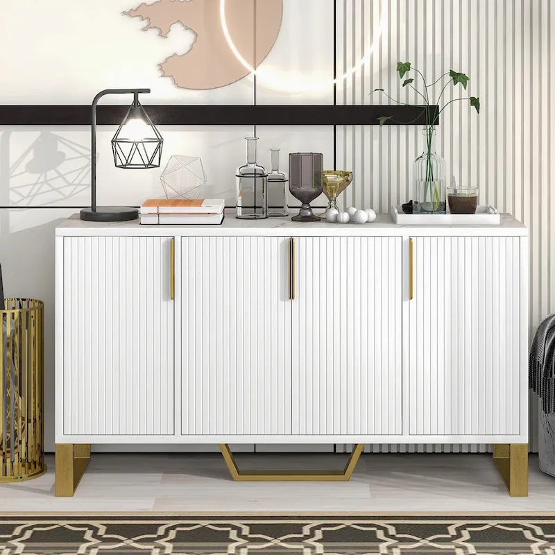 Buffet moderne 4 portes pieds dorés étagères réglables blanc noir