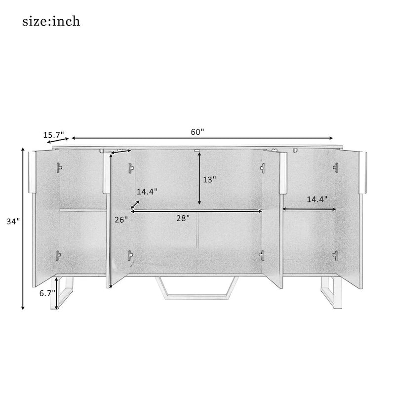 Buffet moderne 4 portes pieds dorés étagères réglables blanc noir