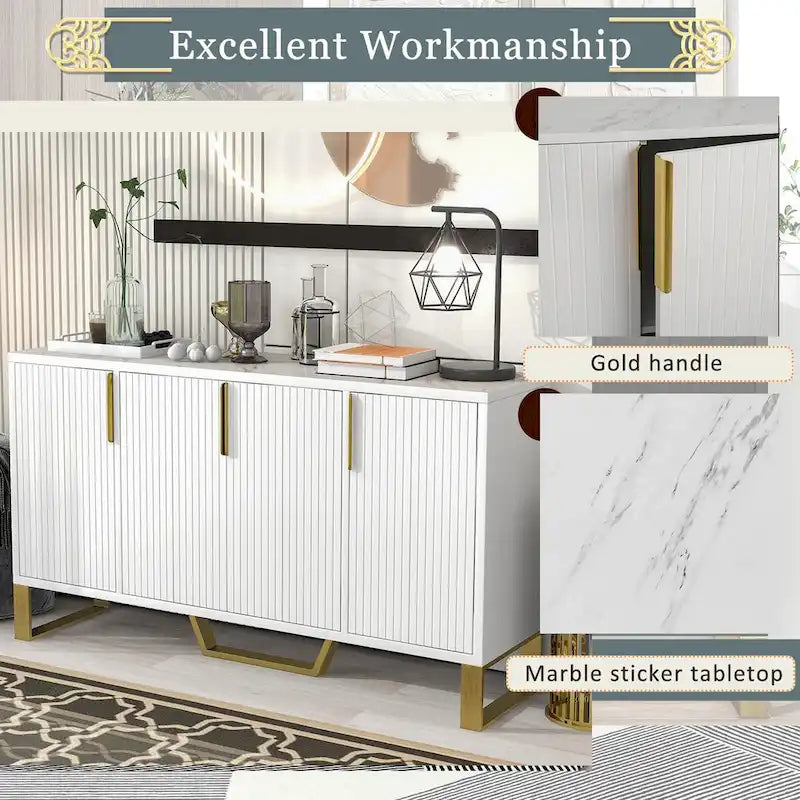 Buffet moderne 4 portes pieds dorés étagères réglables blanc noir