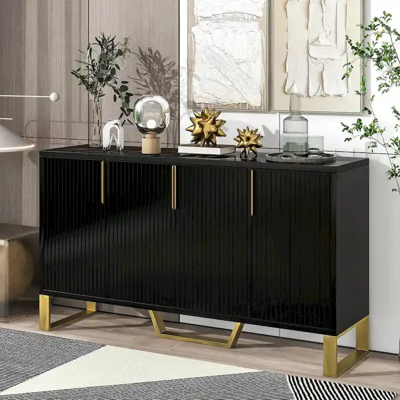 Buffet moderne 4 portes pieds dorés étagères réglables blanc noir