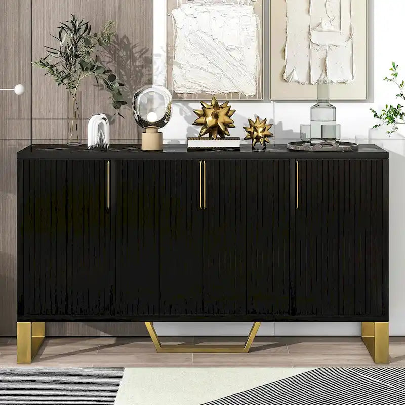 Buffet moderne 4 portes pieds dorés étagères réglables blanc noir