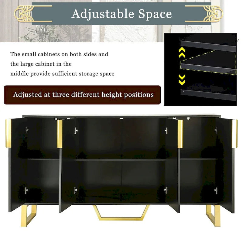 Buffet moderne 4 portes pieds dorés étagères réglables blanc noir