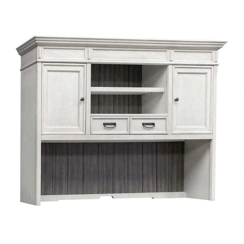 Meuble de rangement en bois avec portes, tiroirs, étagères ouvertes, bicolore blanc