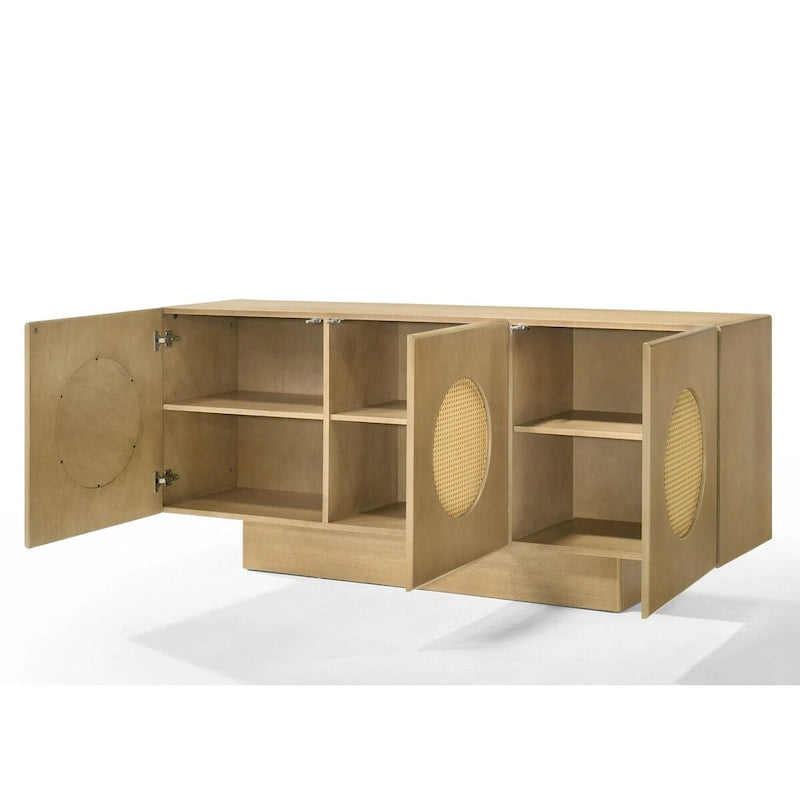 Buffet moderne en placage de chêne blanc avec portes rondes en rotin
