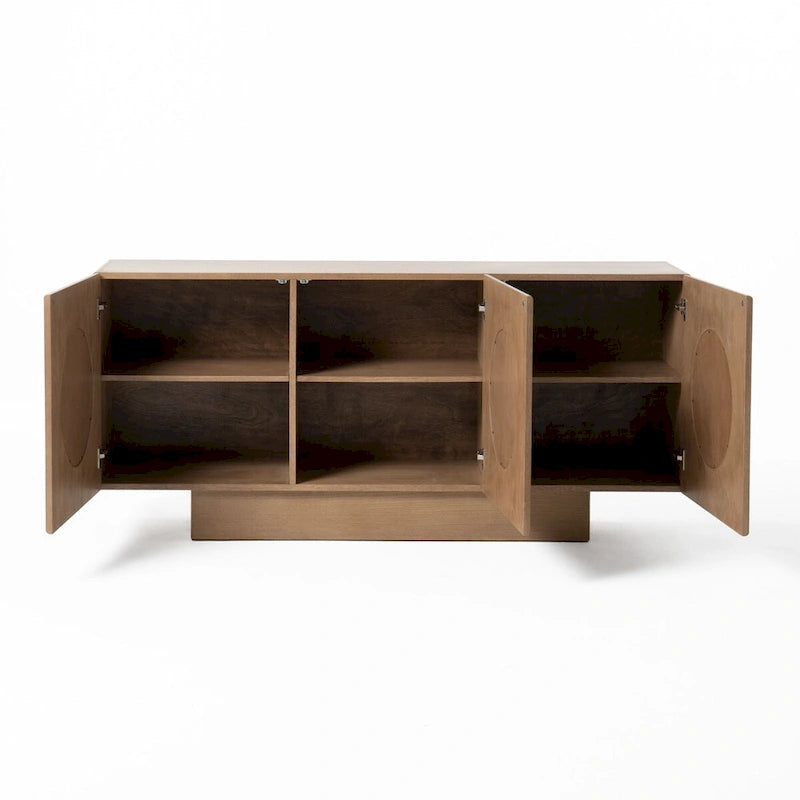 Buffet moderne en placage de chêne blanc avec portes rondes en rotin