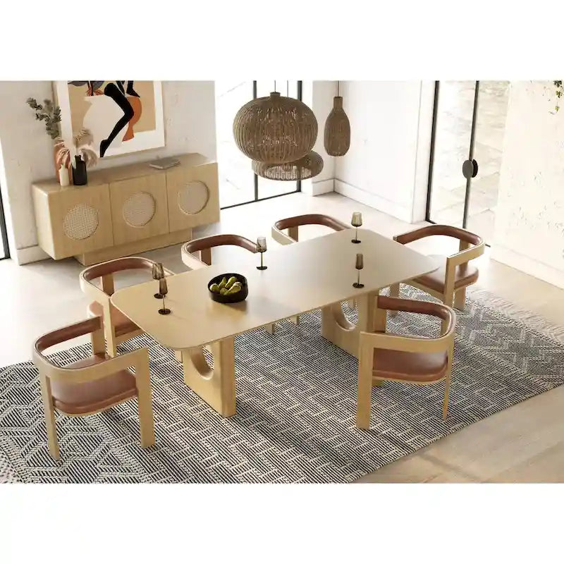 Buffet moderne en placage de chêne blanc avec portes rondes en rotin