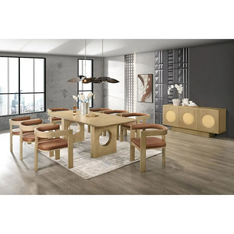 Buffet moderne en placage de chêne blanc avec portes rondes en rotin