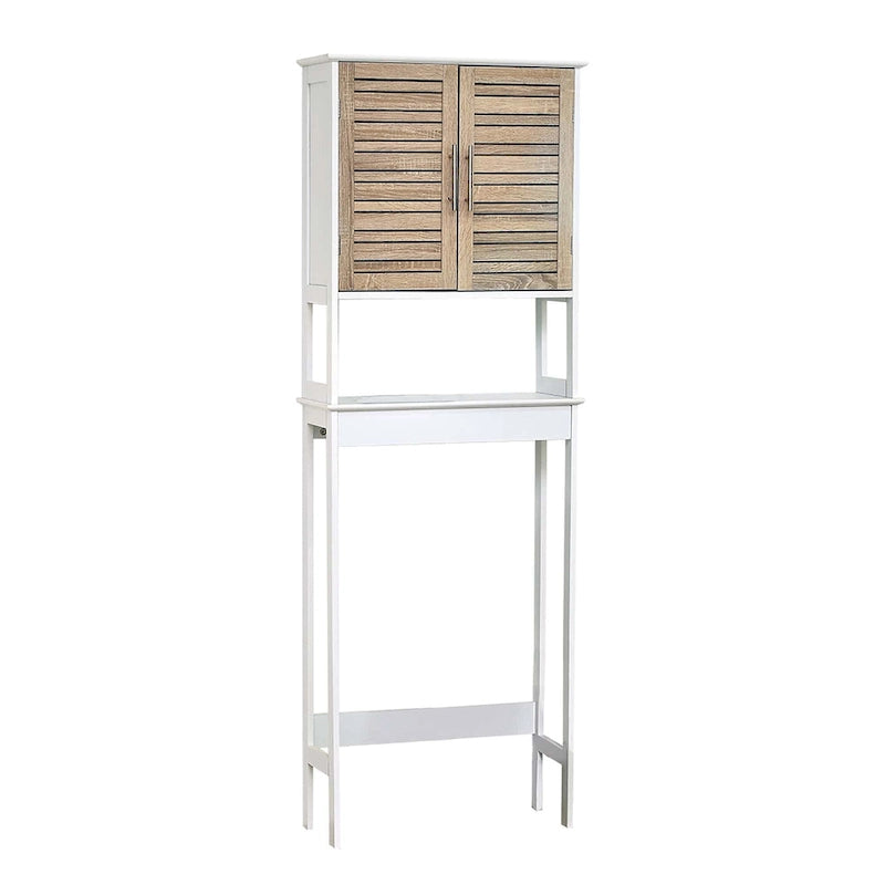 Meuble de rangement pour toilettes avec deux portes et étagère ouverte, finition chêne brun
