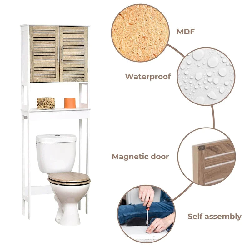Meuble de rangement pour toilettes avec deux portes et étagère ouverte, finition chêne brun