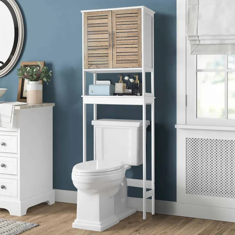 Meuble de rangement pour toilettes avec deux portes et étagère ouverte, finition chêne brun