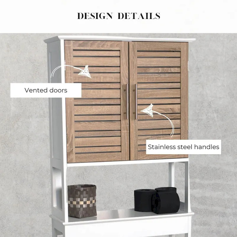 Meuble de rangement pour toilettes avec deux portes et étagère ouverte, finition chêne brun