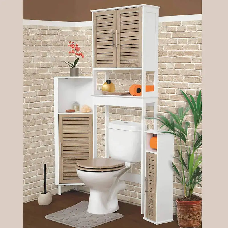 Meuble de rangement pour toilettes avec deux portes et étagère ouverte, finition chêne brun